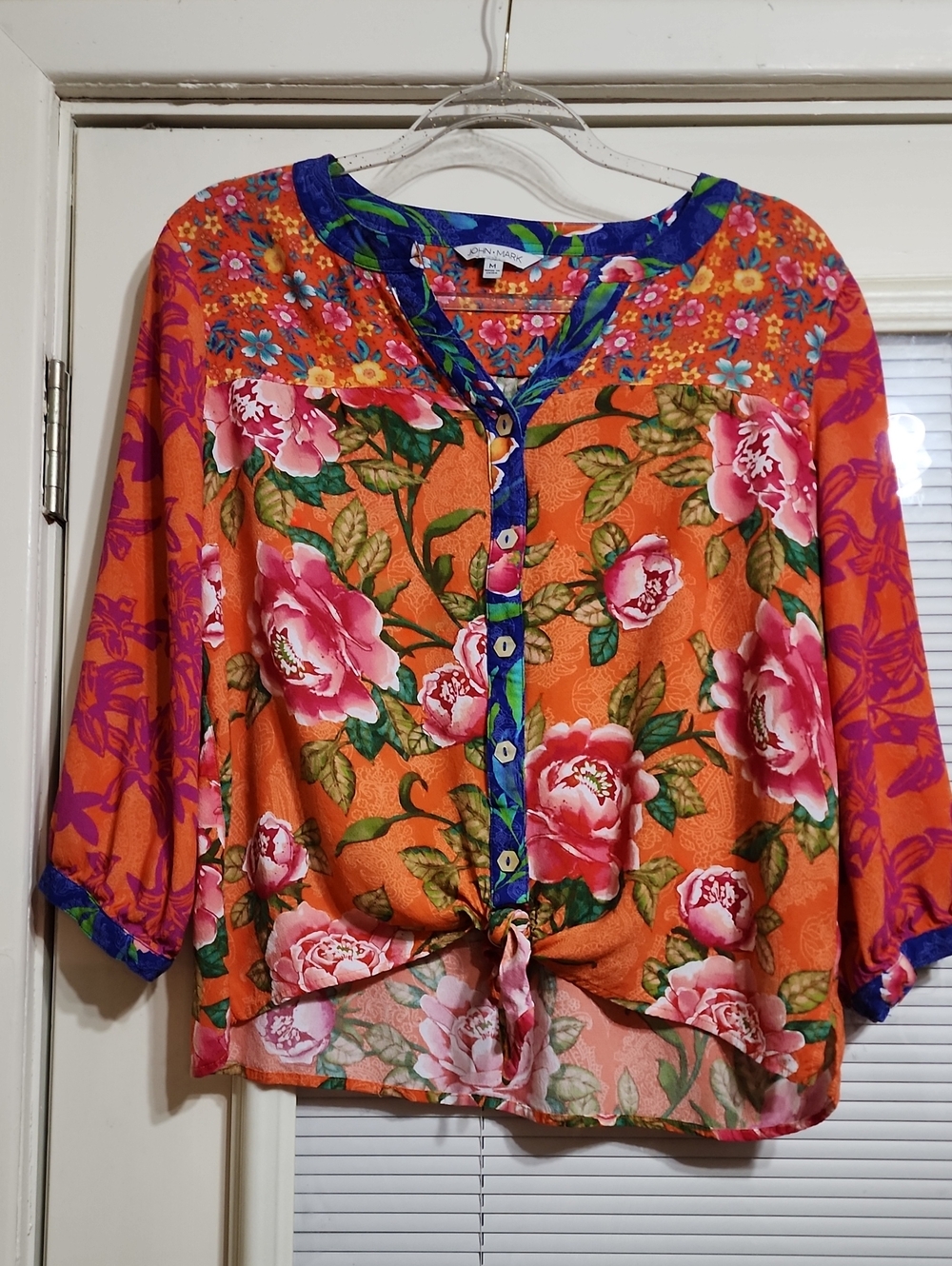 John Mark Orange Blouse with Pink Floral Print and Blue Trim